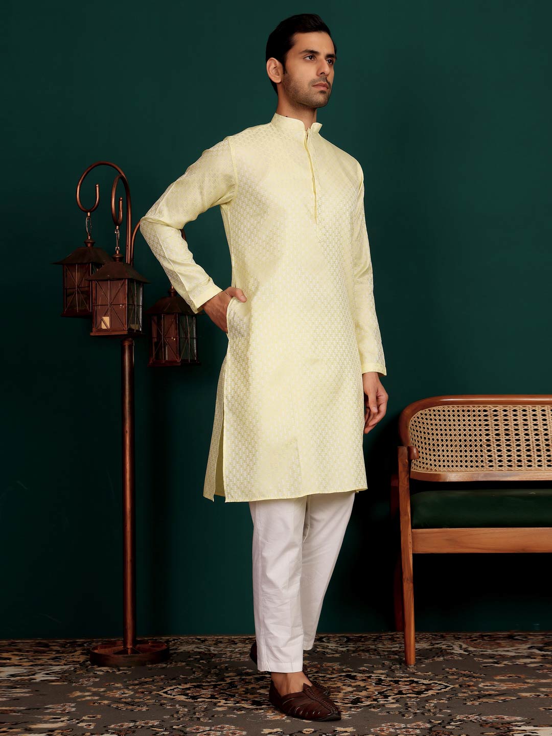 Light Yellow-Silver Woven Jacquard Art Silk Straight Kurta