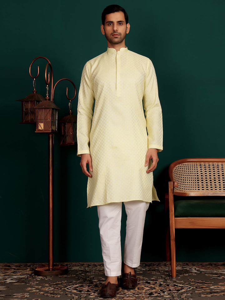 Light Yellow-Silver Woven Jacquard Art Silk Straight Kurta
