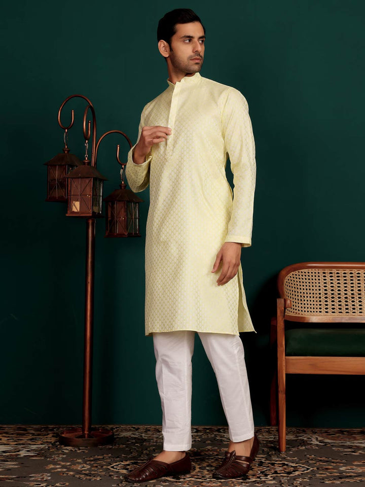 Light Yellow-Silver Woven Jacquard Art Silk Straight Kurta