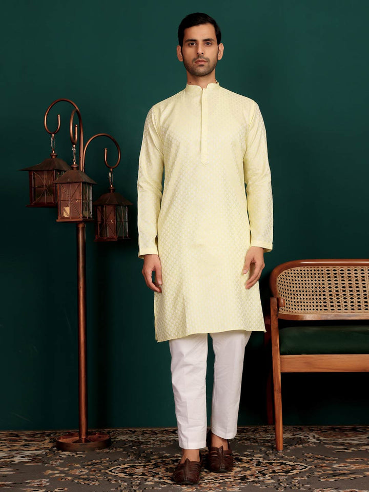 Light Yellow-Silver Woven Jacquard Art Silk Straight Kurta