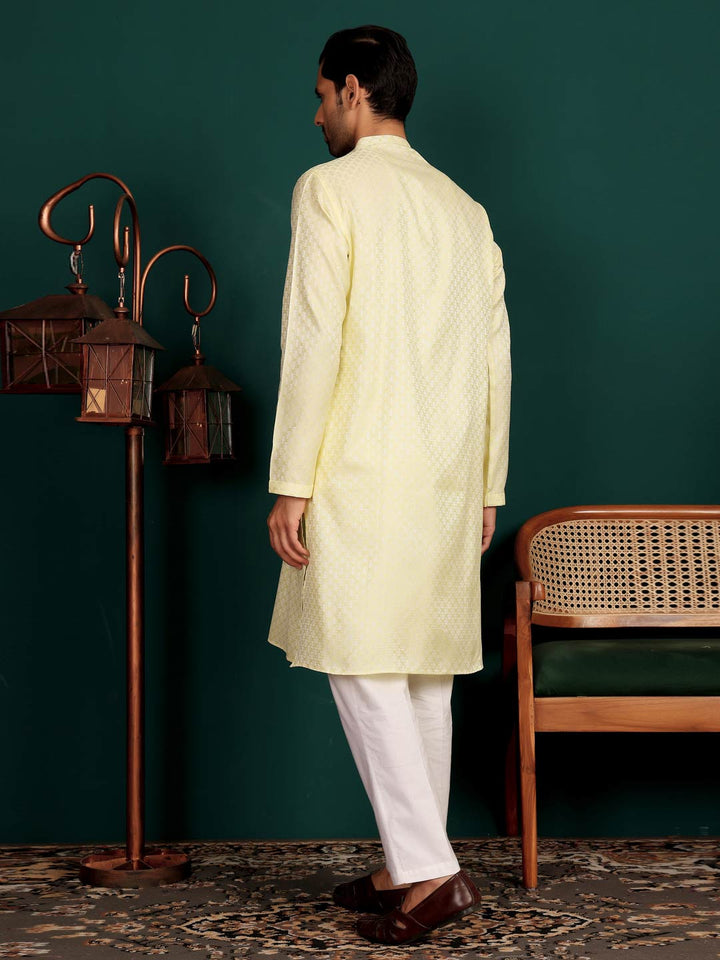 Light Yellow-Silver Woven Jacquard Art Silk Straight Kurta