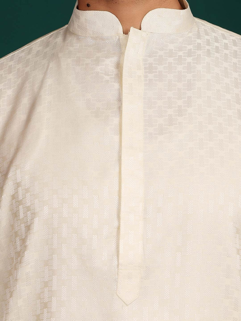 Cream-Silver Woven Jacquard Art Silk Straight Kurta – Cream