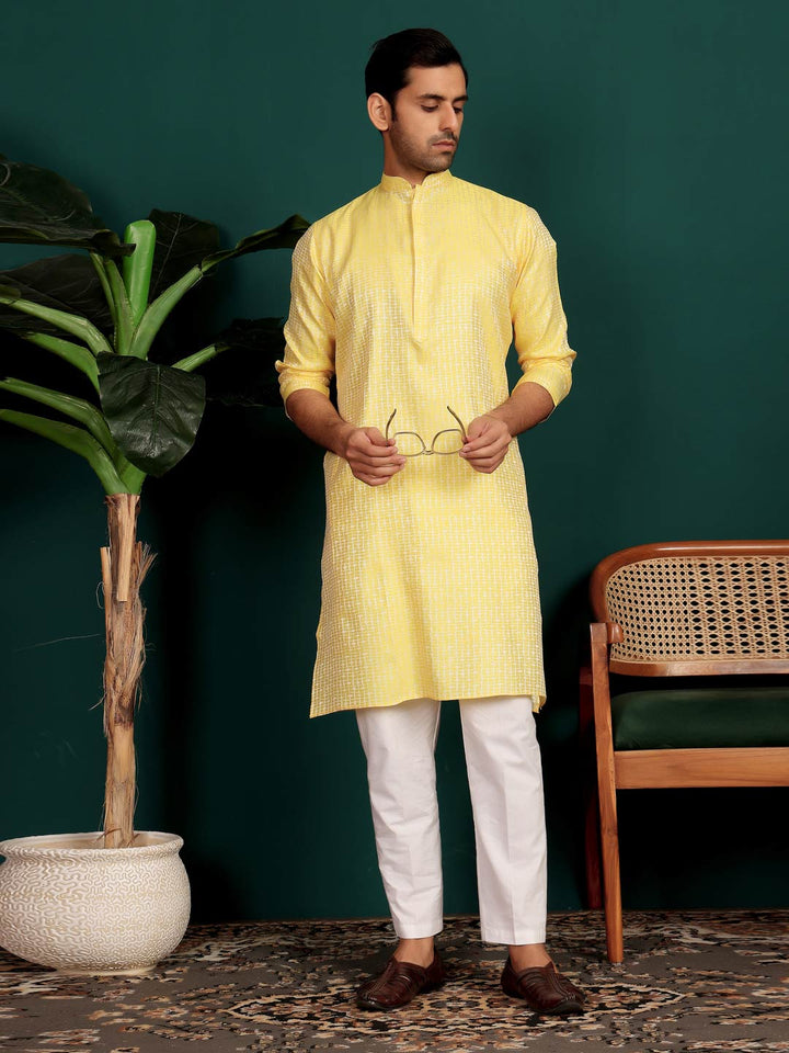 Yellow-Silver Woven Jacquard Art Silk Straight Kurta