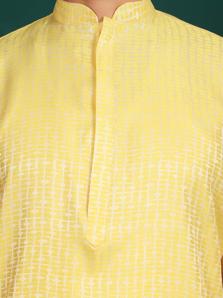 Yellow-Silver Woven Jacquard Art Silk Straight Kurta
