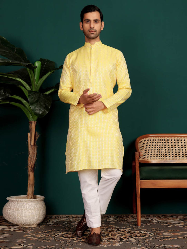 Yellow-Silver Woven Jacquard Art Silk Straight Kurta