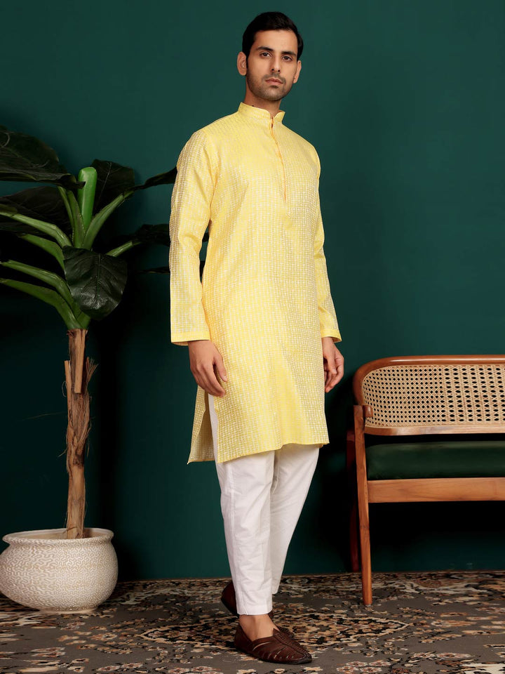 Yellow-Silver Woven Jacquard Art Silk Straight Kurta