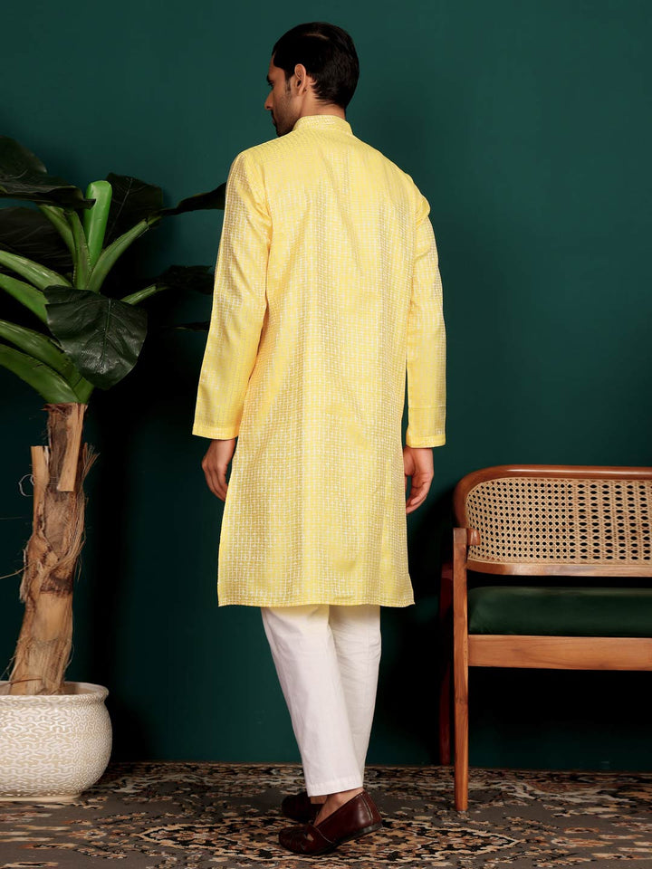 Yellow-Silver Woven Jacquard Art Silk Straight Kurta