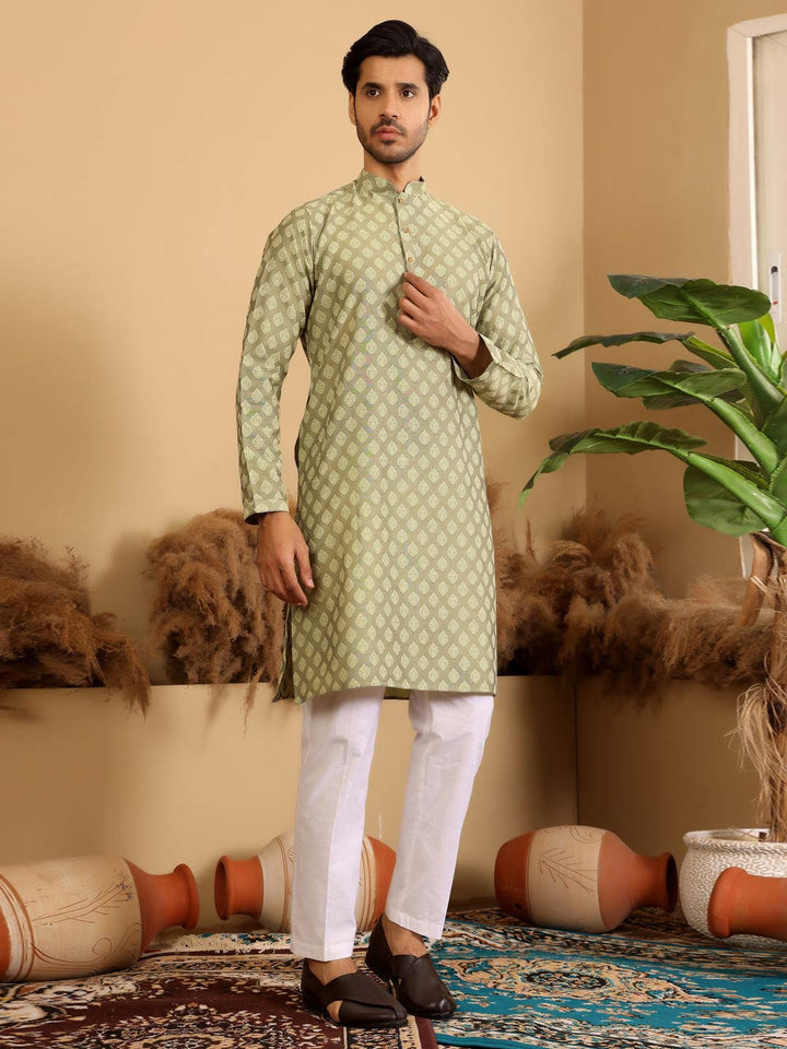 Green Self Design Woven Jacquard Cotton Straight Kurta