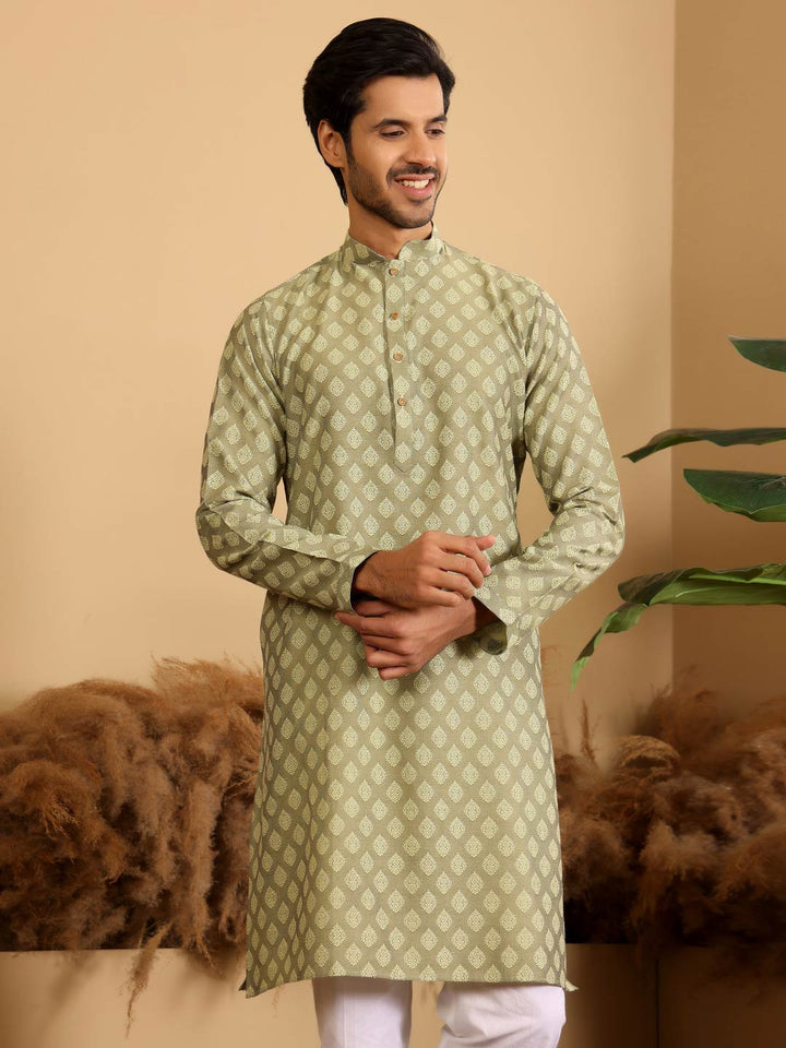 Green Self Design Woven Jacquard Cotton Straight Kurta
