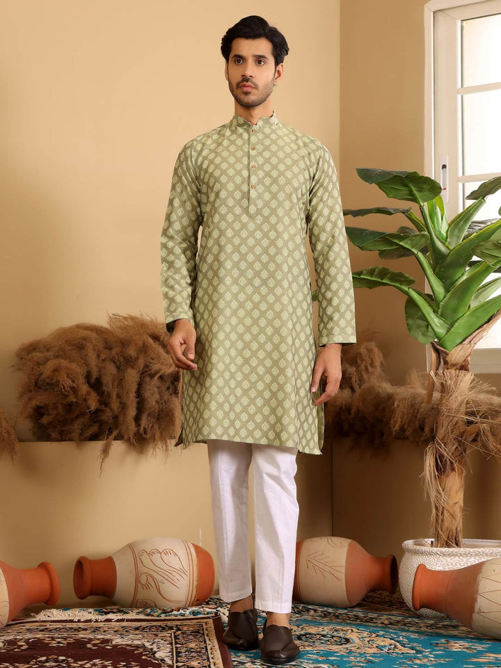 Green Self Design Woven Jacquard Cotton Straight Kurta