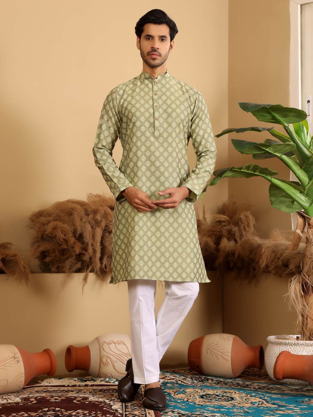Green Self Design Woven Jacquard Cotton Straight Kurta