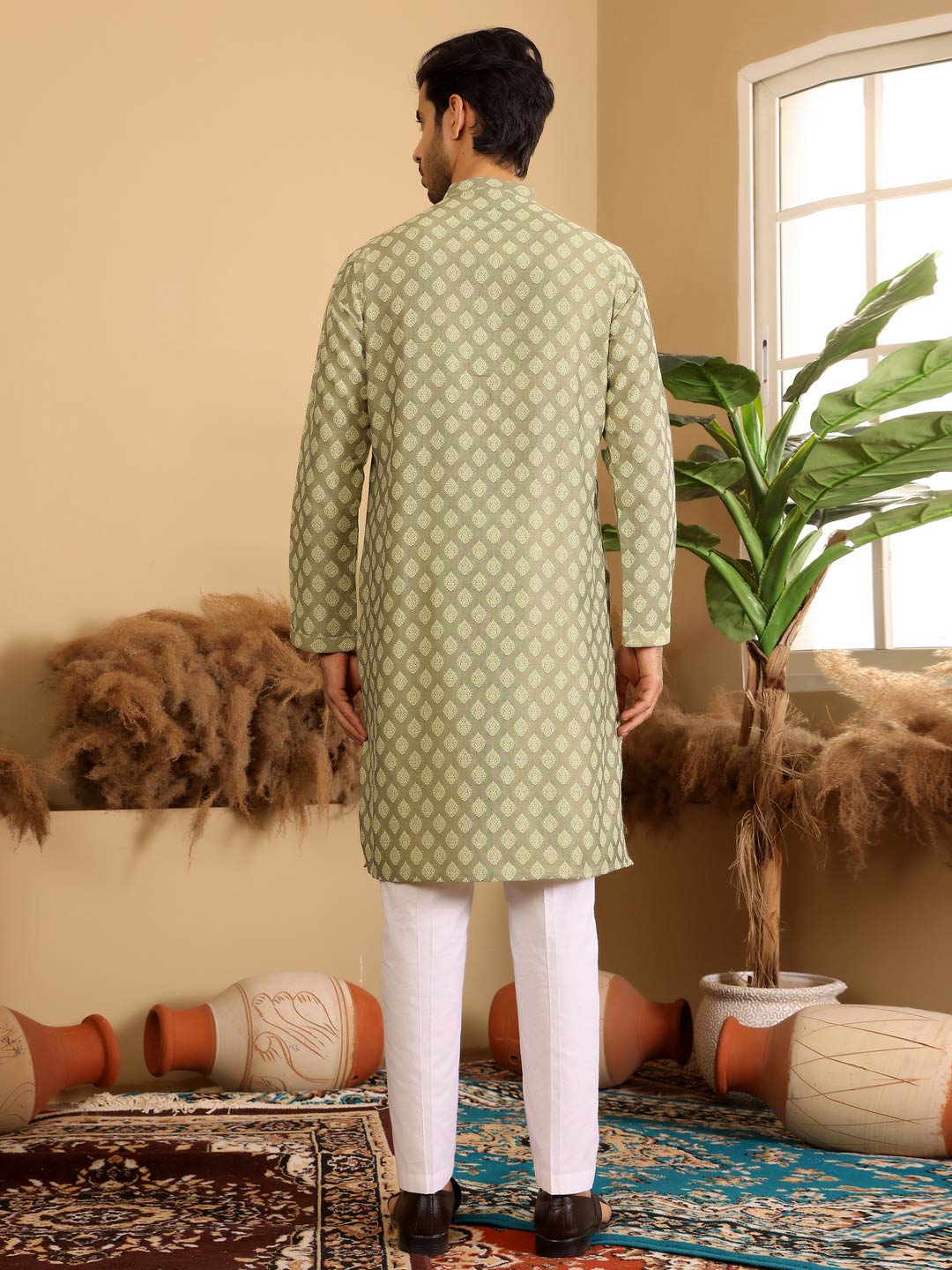 Green Self Design Woven Jacquard Cotton Straight Kurta