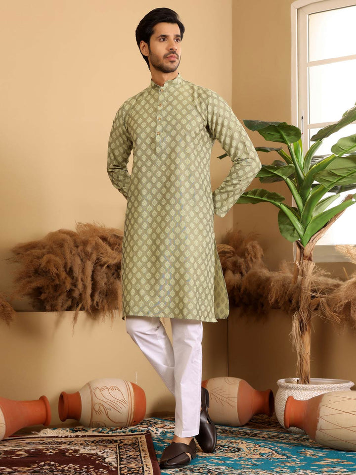Green Self Design Woven Jacquard Cotton Straight Kurta