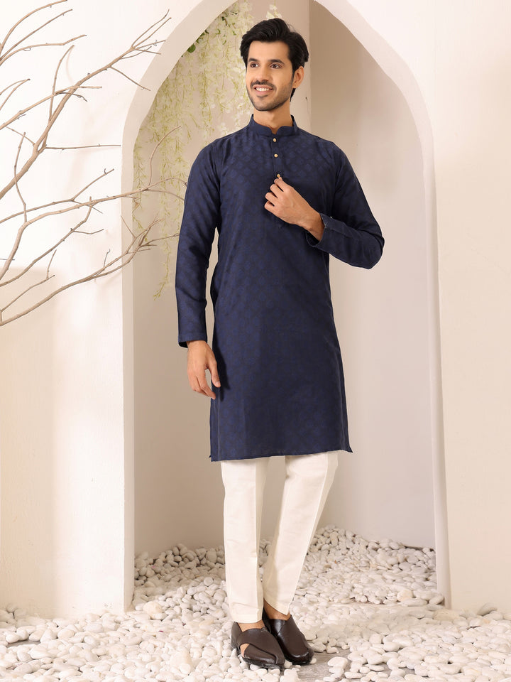 Navy Blue Self Design Woven Jacquard Cotton Straight Kurta