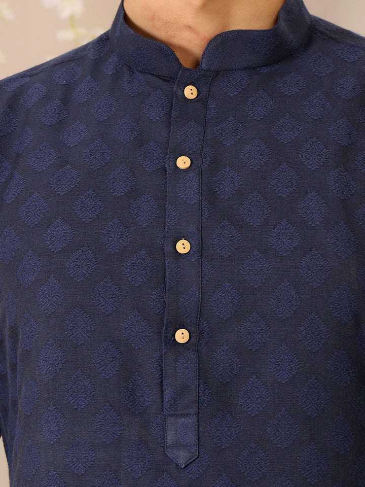 Navy Blue Self Design Woven Jacquard Cotton Straight Kurta