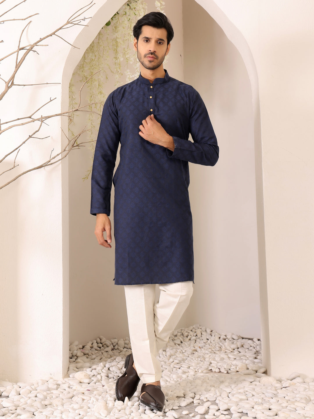 Navy Blue Self Design Woven Jacquard Cotton Straight Kurta
