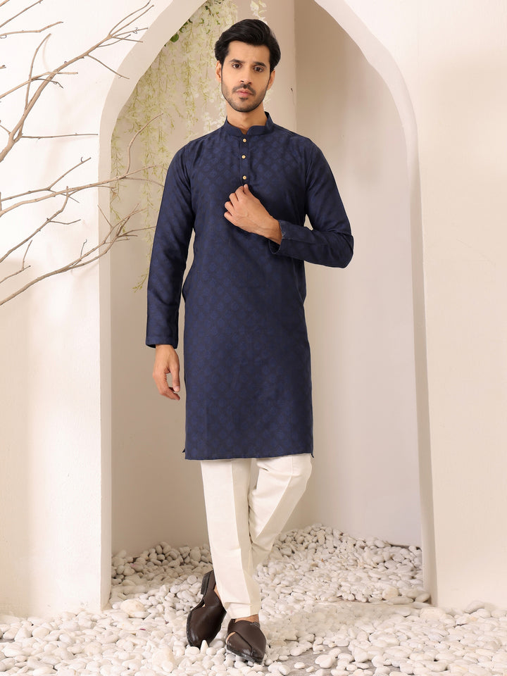 Navy Blue Self Design Woven Jacquard Cotton Straight Kurta
