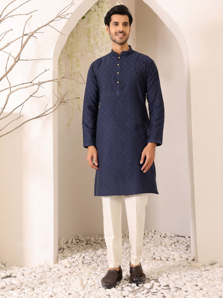 Navy Blue Self Design Woven Jacquard Cotton Straight Kurta