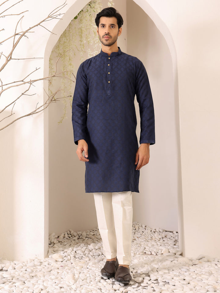Navy Blue Self Design Woven Jacquard Cotton Straight Kurta