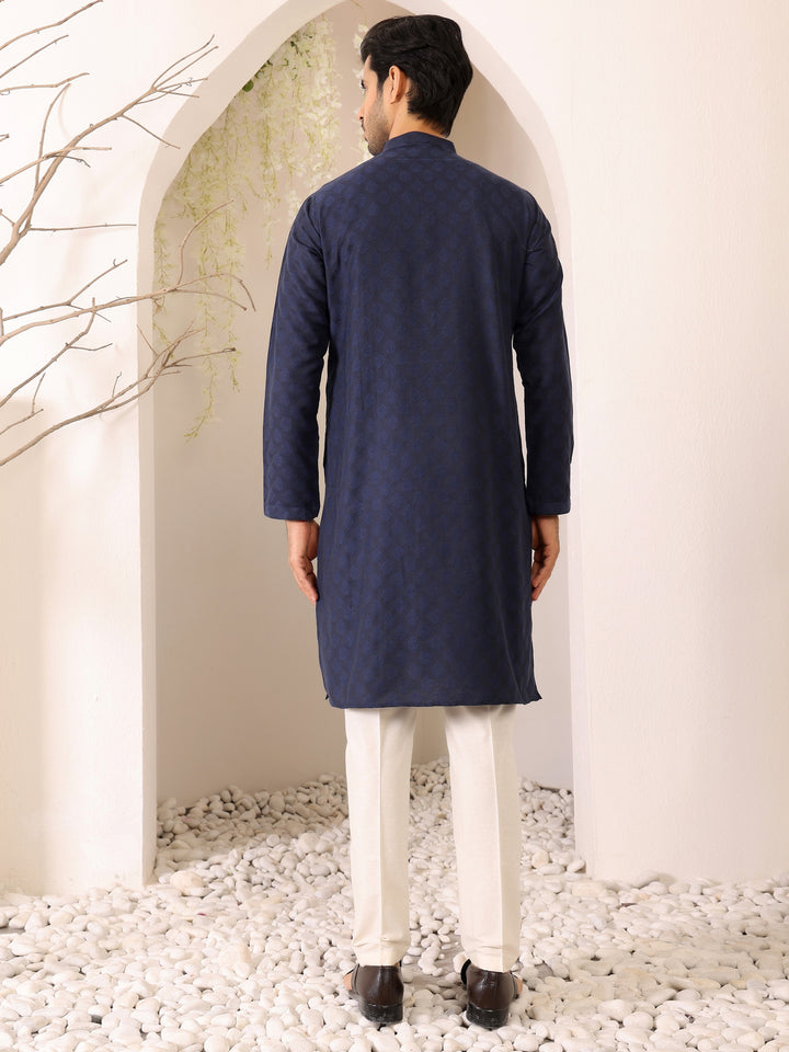 Navy Blue Self Design Woven Jacquard Cotton Straight Kurta