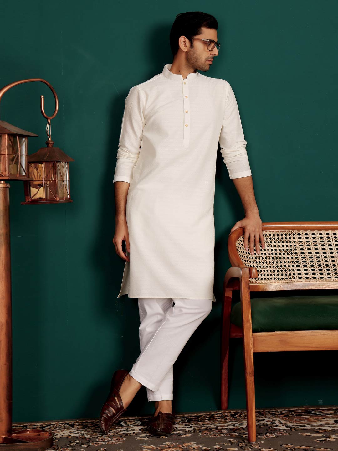 Cream Self Design Woven Jacquard Cotton Straight Kurta