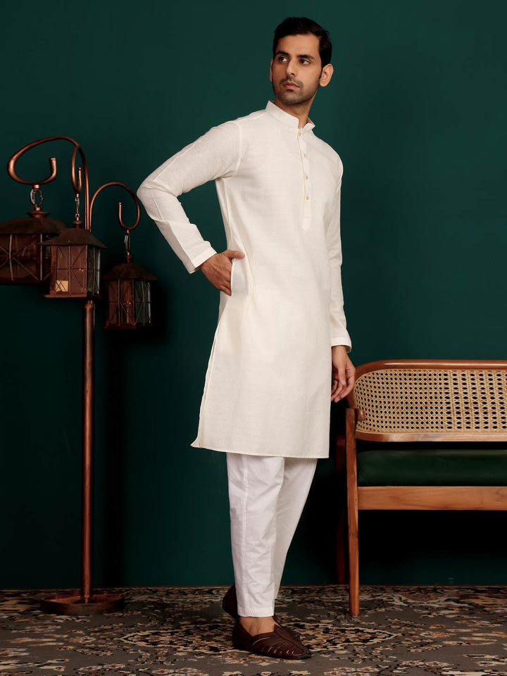 Cream Self Design Woven Jacquard Cotton Straight Kurta