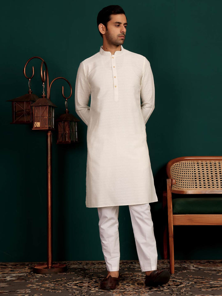 Cream Self Design Woven Jacquard Cotton Straight Kurta