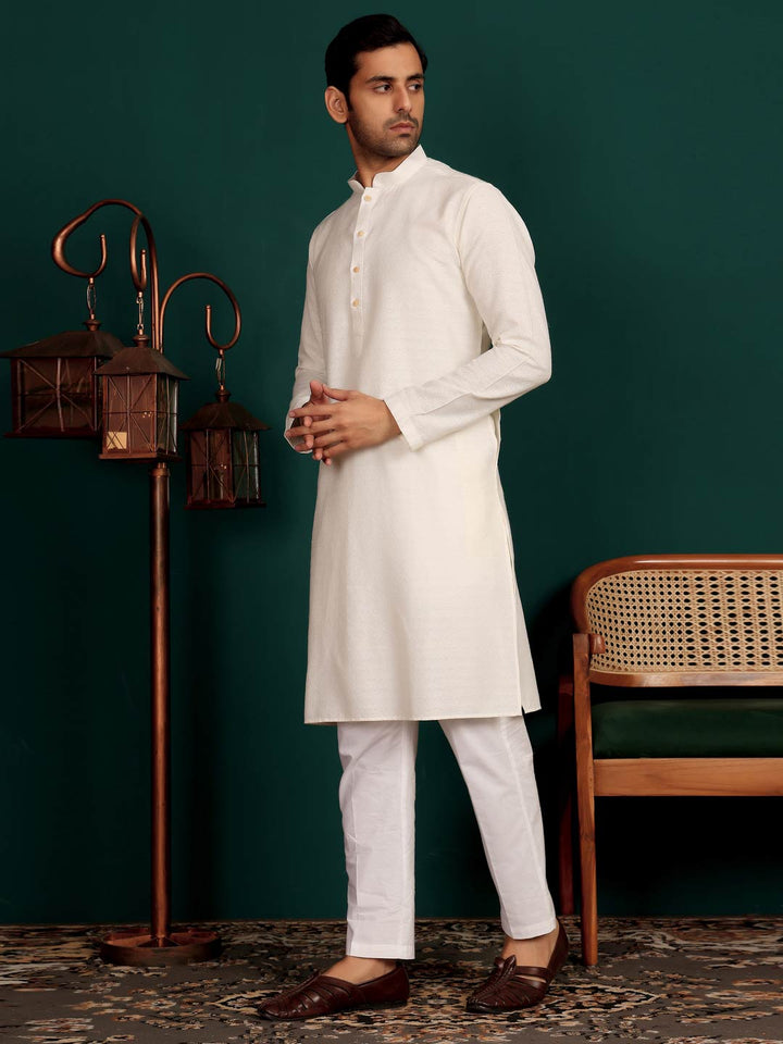 Cream Self Design Woven Jacquard Cotton Straight Kurta