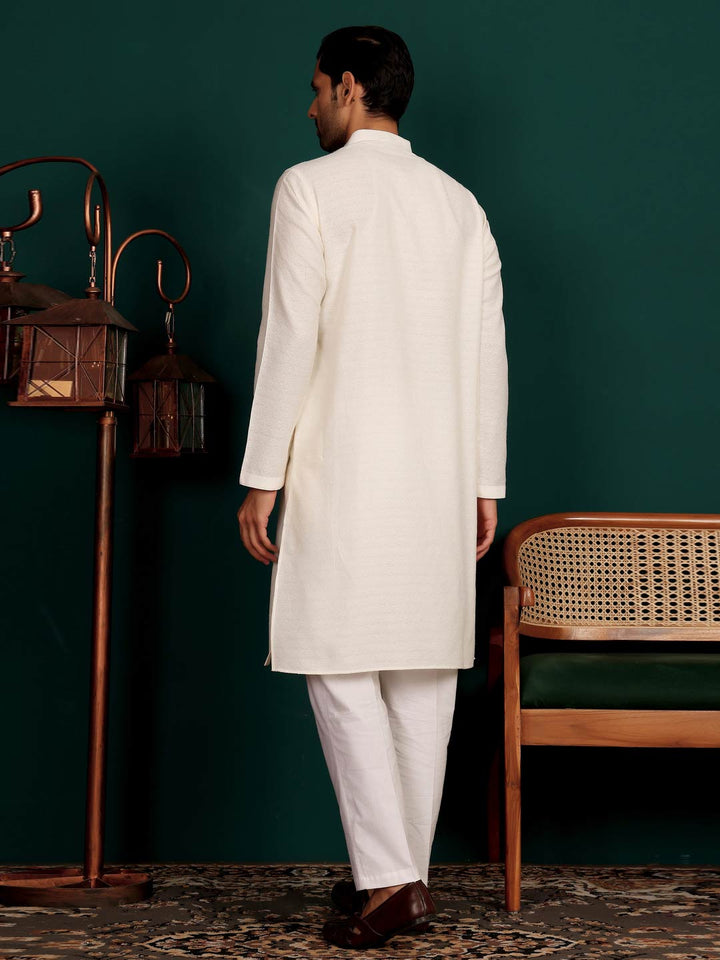 Cream Self Design Woven Jacquard Cotton Straight Kurta