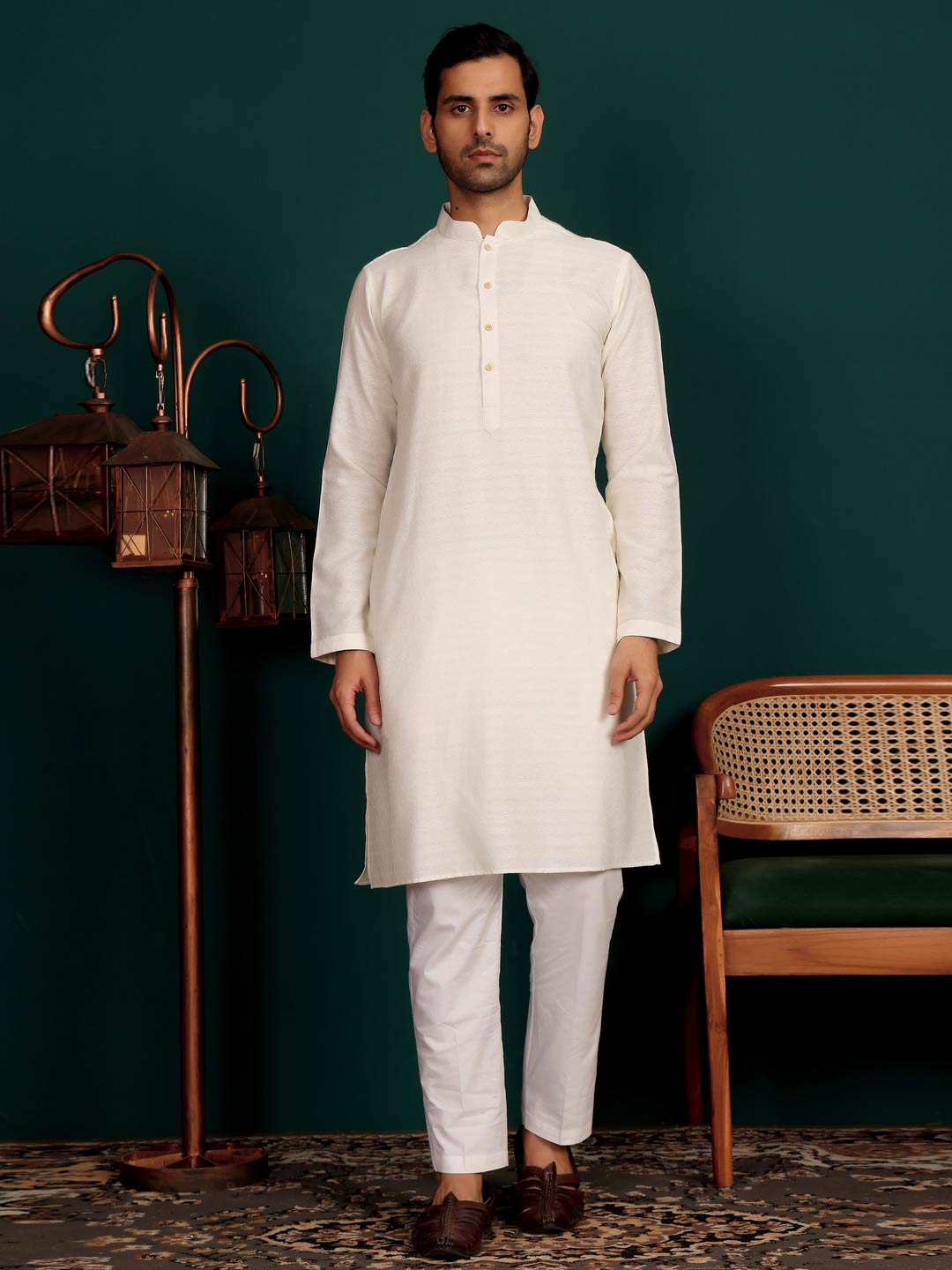 Cream Self Design Woven Jacquard Cotton Straight Kurta