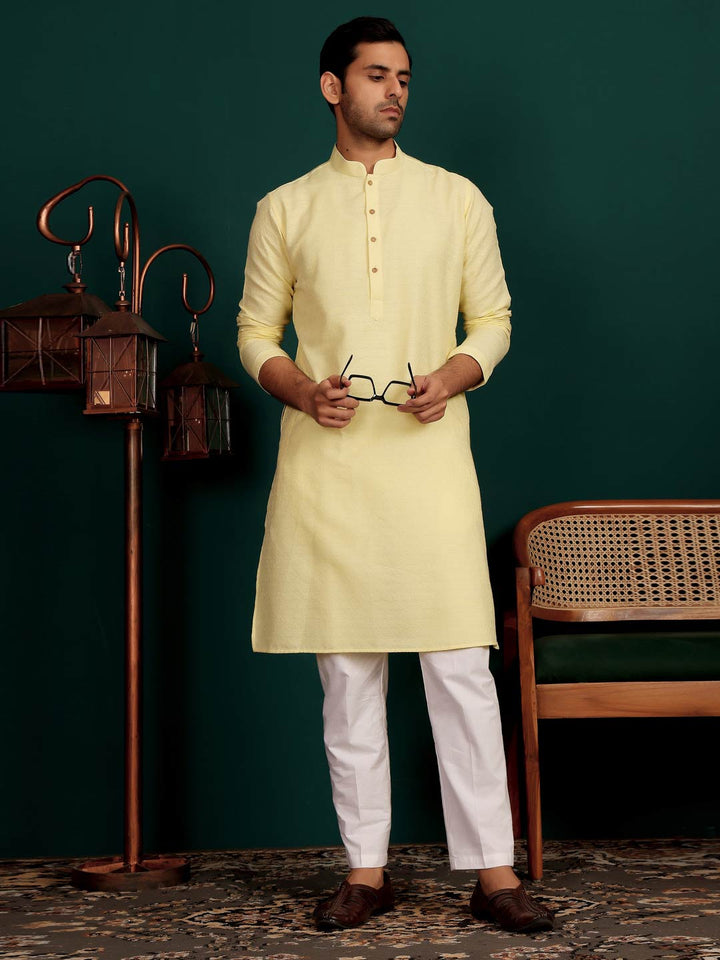 Custard Yellow Self Design Woven Jacquard Cotton Straight Kurta