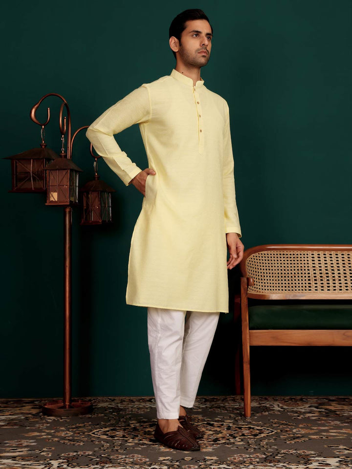 Custard Yellow Self Design Woven Jacquard Cotton Straight Kurta