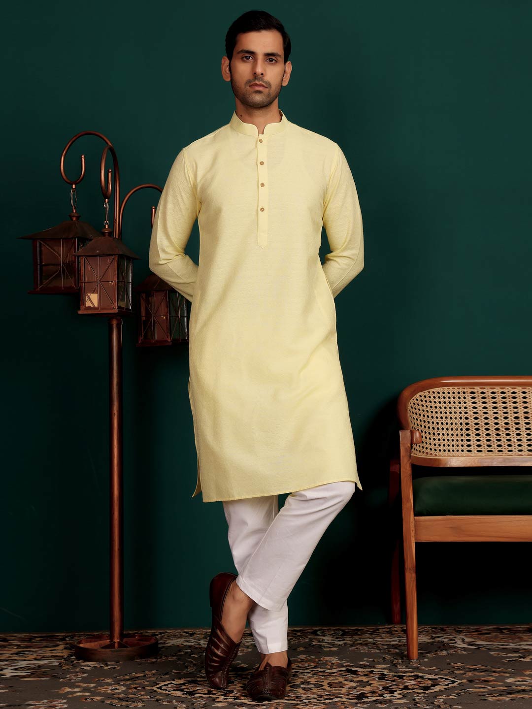 Custard Yellow Self Design Woven Jacquard Cotton Straight Kurta