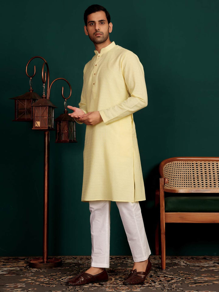 Custard Yellow Self Design Woven Jacquard Cotton Straight Kurta