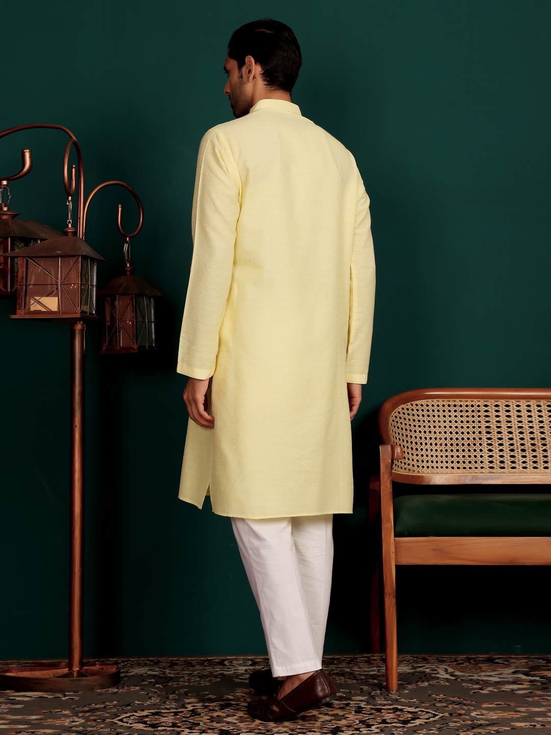 Custard Yellow Self Design Woven Jacquard Cotton Straight Kurta