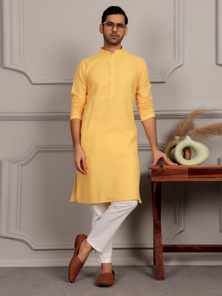 Sun Yellow Self Design Woven Jacquard Cotton Straight Kurta