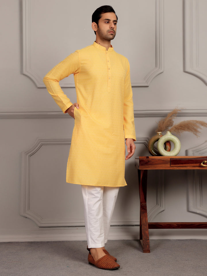 Sun Yellow Self Design Woven Jacquard Cotton Straight Kurta