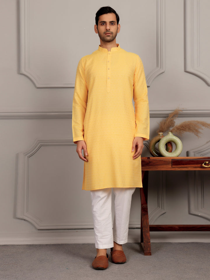 Sun Yellow Self Design Woven Jacquard Cotton Straight Kurta