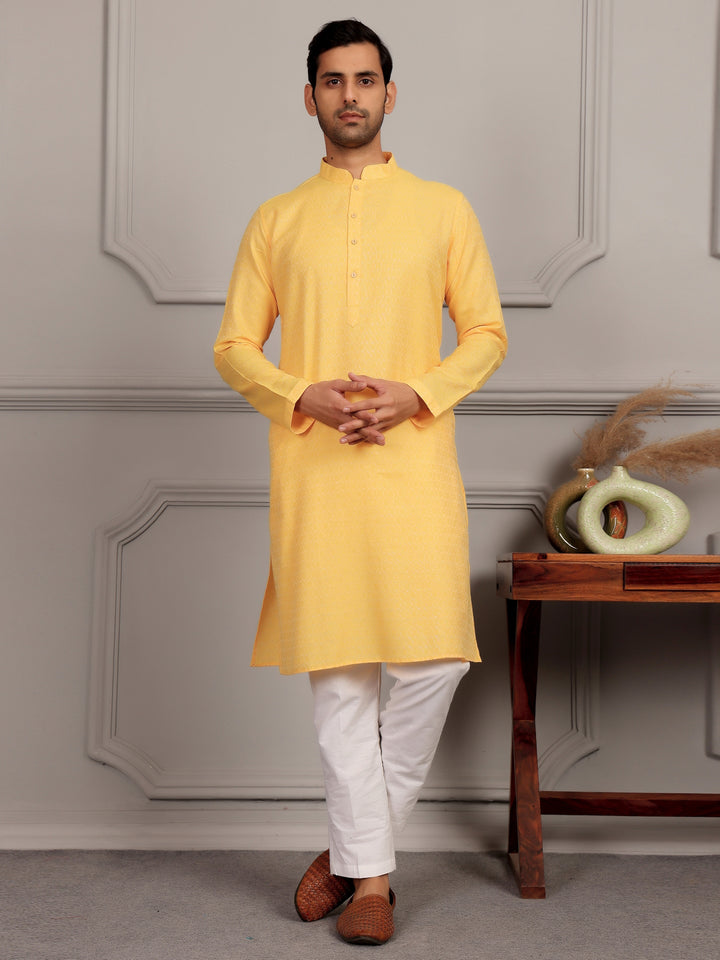Sun Yellow Self Design Woven Jacquard Cotton Straight Kurta