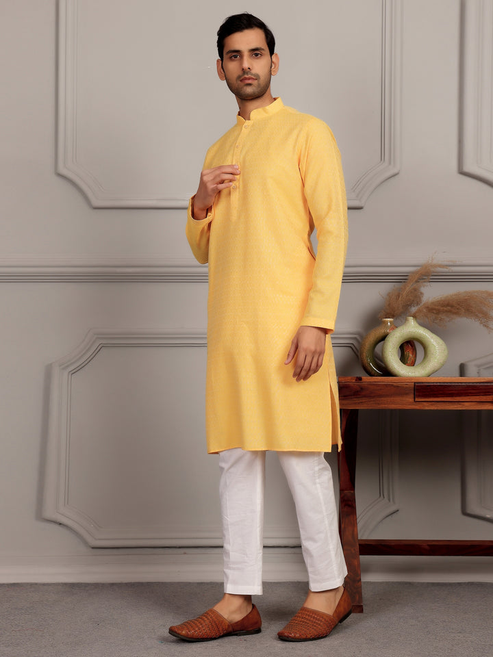 Sun Yellow Self Design Woven Jacquard Cotton Straight Kurta