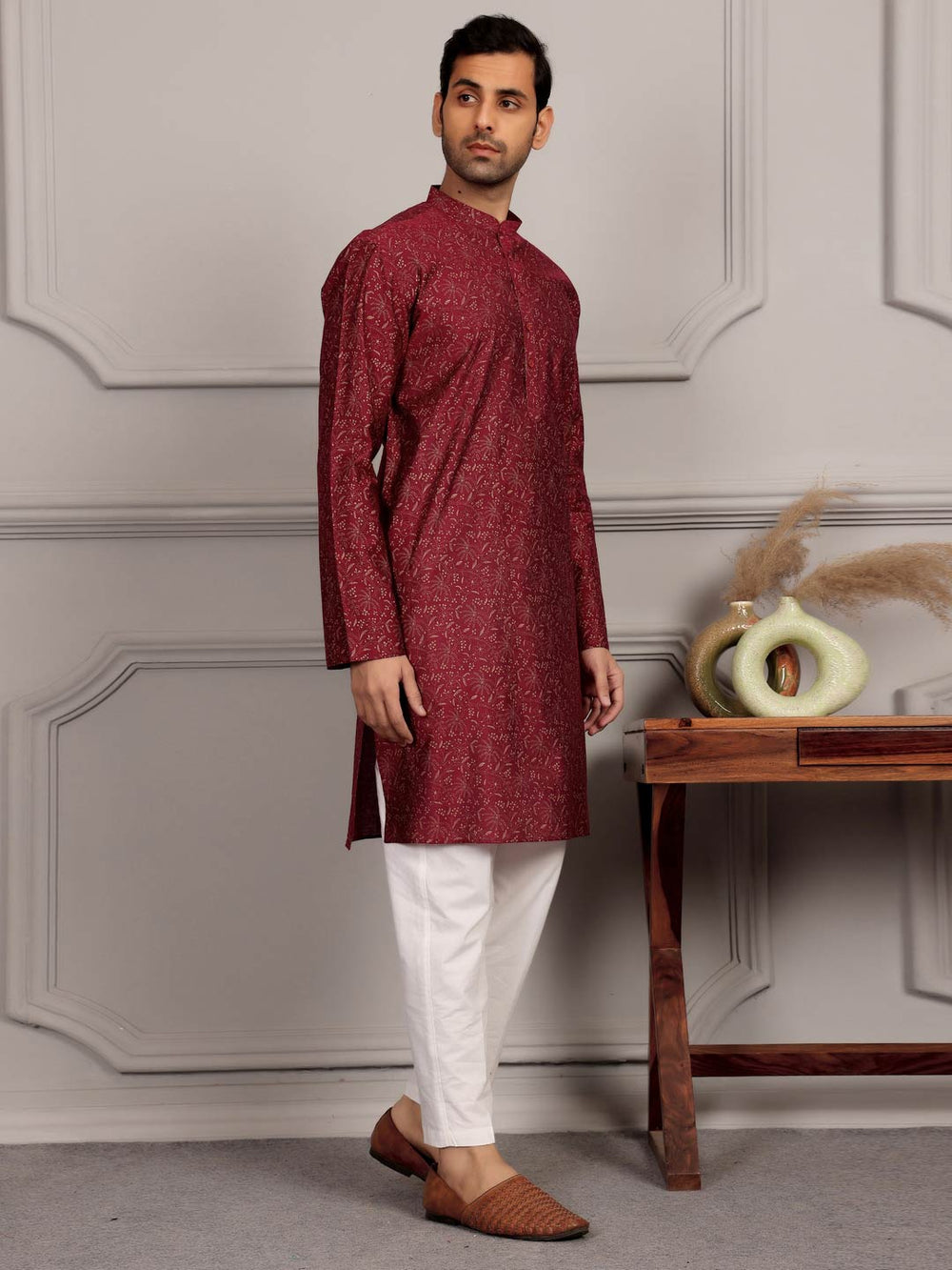 Dark Pink Foil Printed Cotton Straight Kurta – Pink