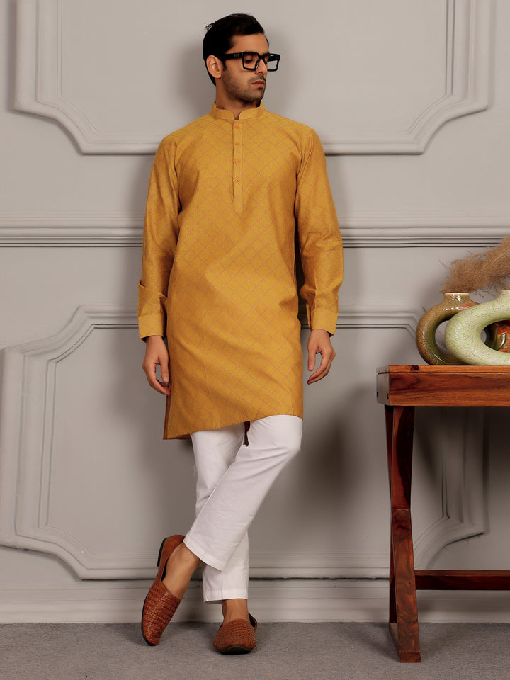 Mustard-Red Thread Work Delux Cotton Straight Kurta