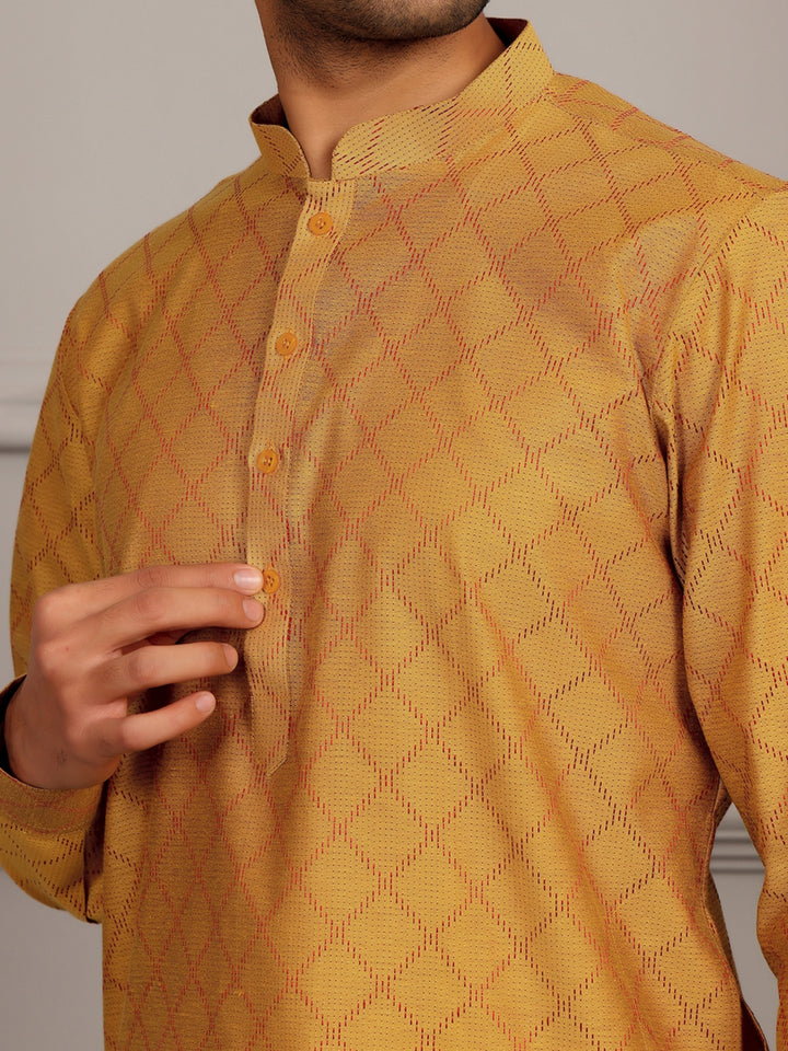 Mustard-Red Thread Work Delux Cotton Straight Kurta