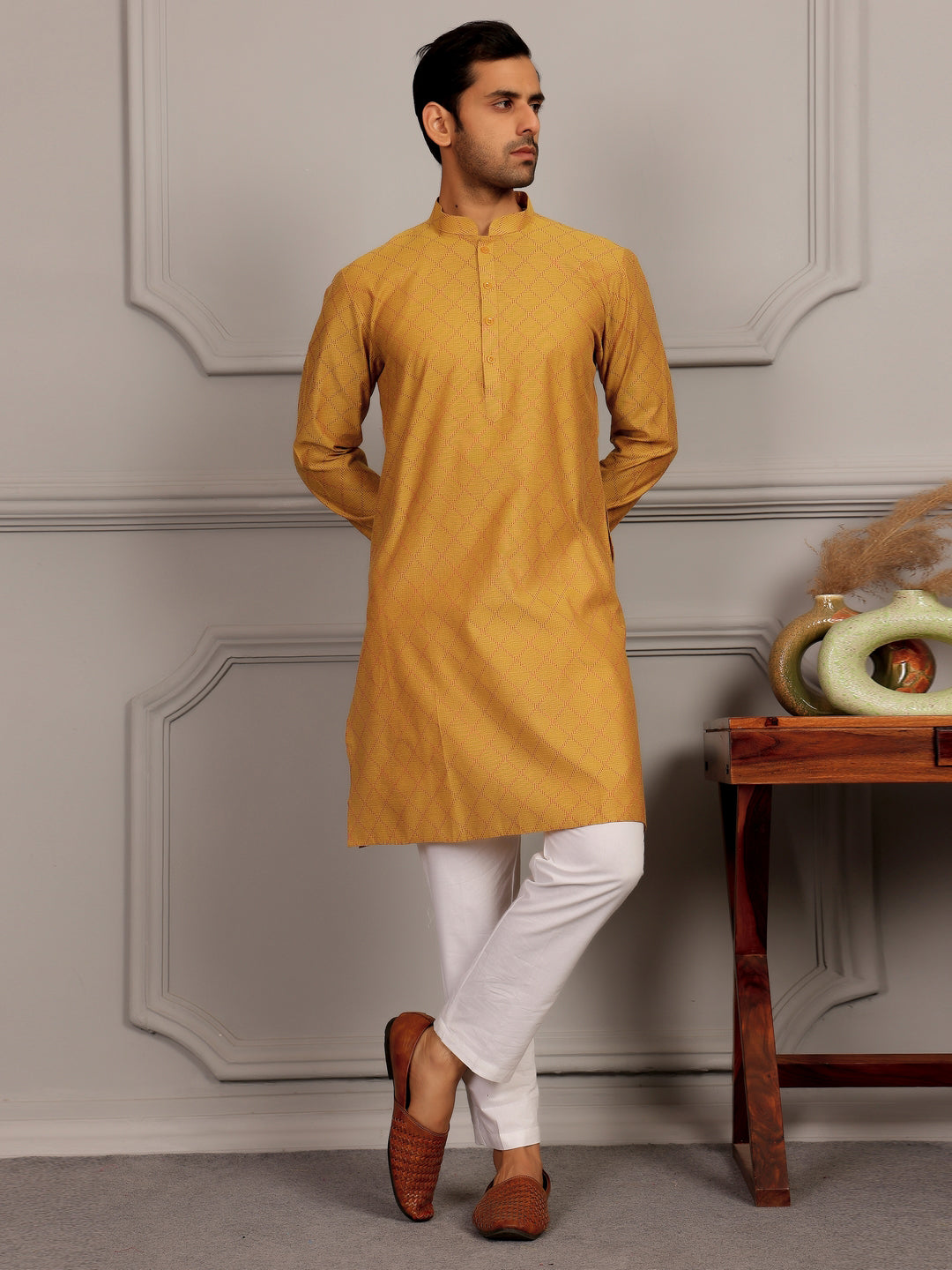 Mustard-Red Thread Work Delux Cotton Straight Kurta