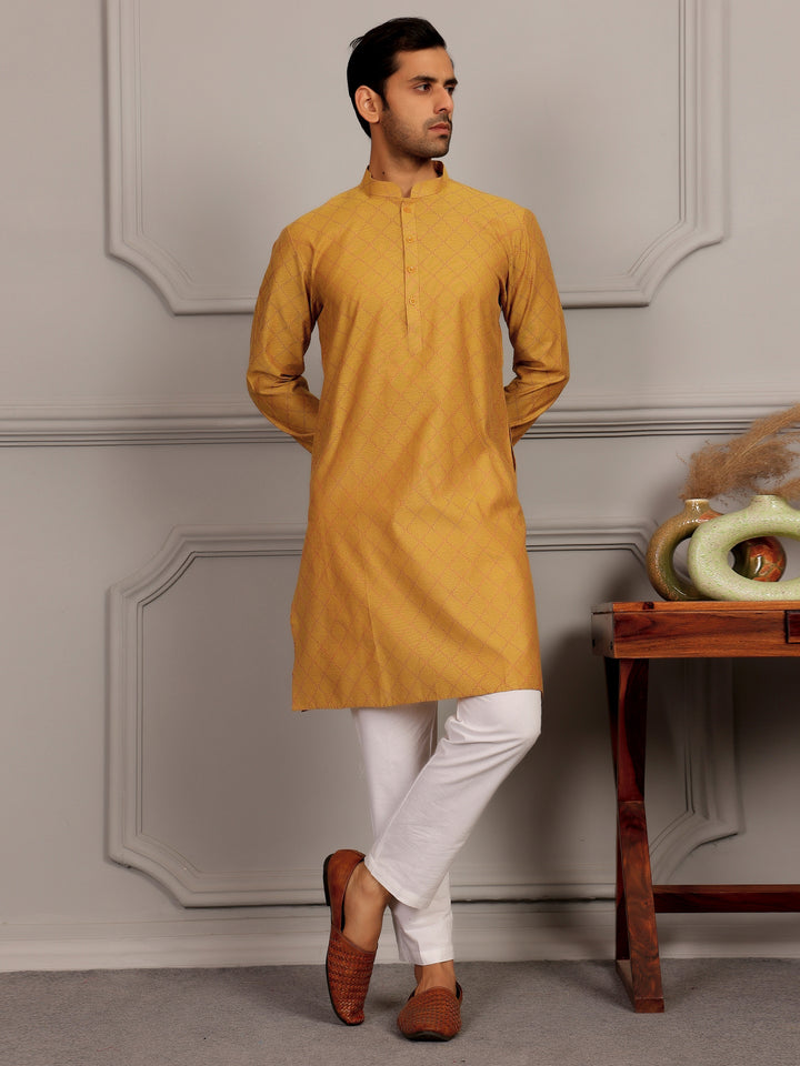 Mustard-Red Thread Work Delux Cotton Straight Kurta