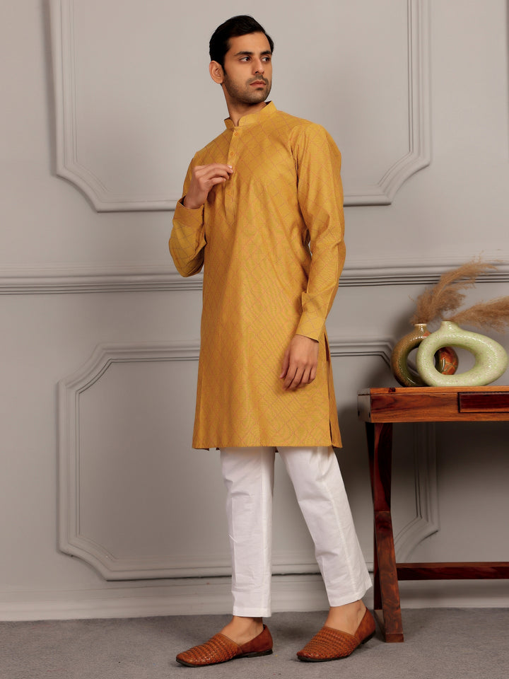 Mustard-Red Thread Work Delux Cotton Straight Kurta