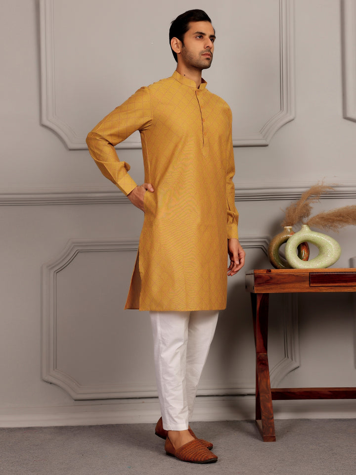 Mustard-Red Thread Work Delux Cotton Straight Kurta
