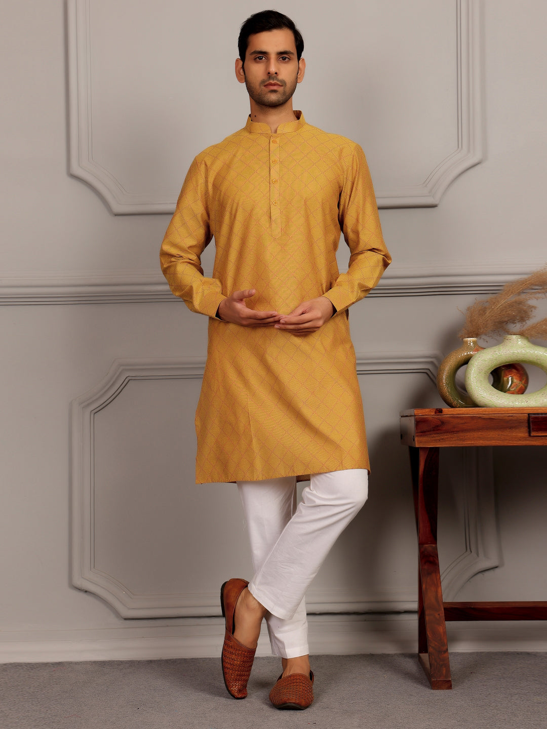 Mustard-Red Thread Work Delux Cotton Straight Kurta