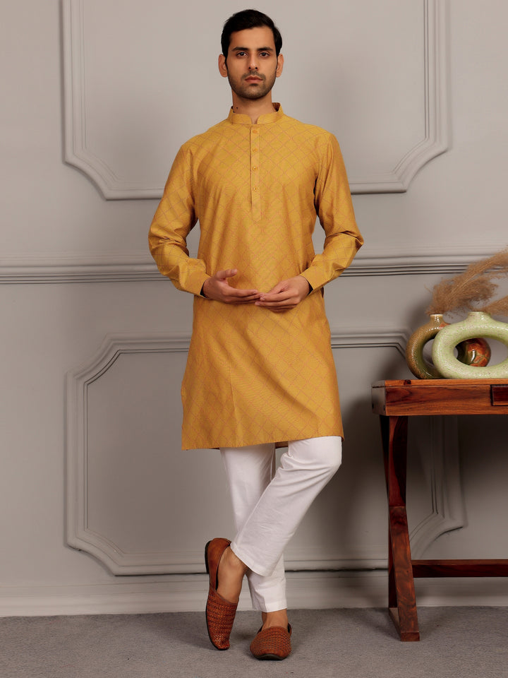 Mustard-Red Thread Work Delux Cotton Straight Kurta