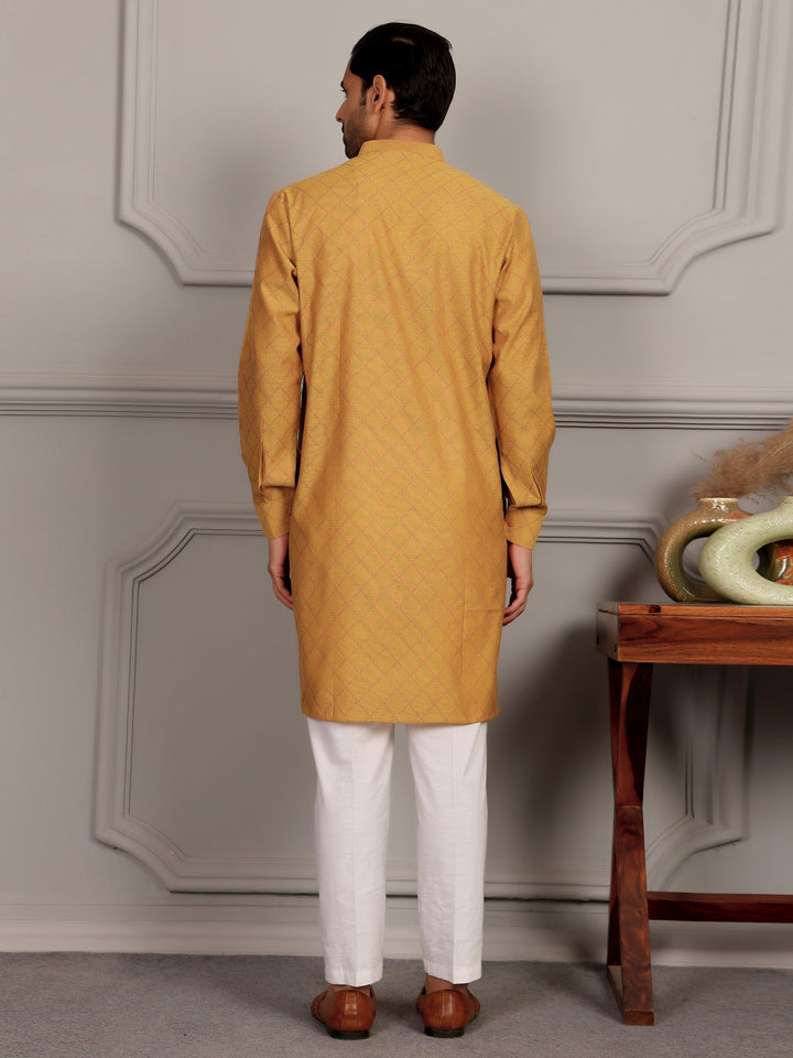 Mustard-Red Thread Work Delux Cotton Straight Kurta